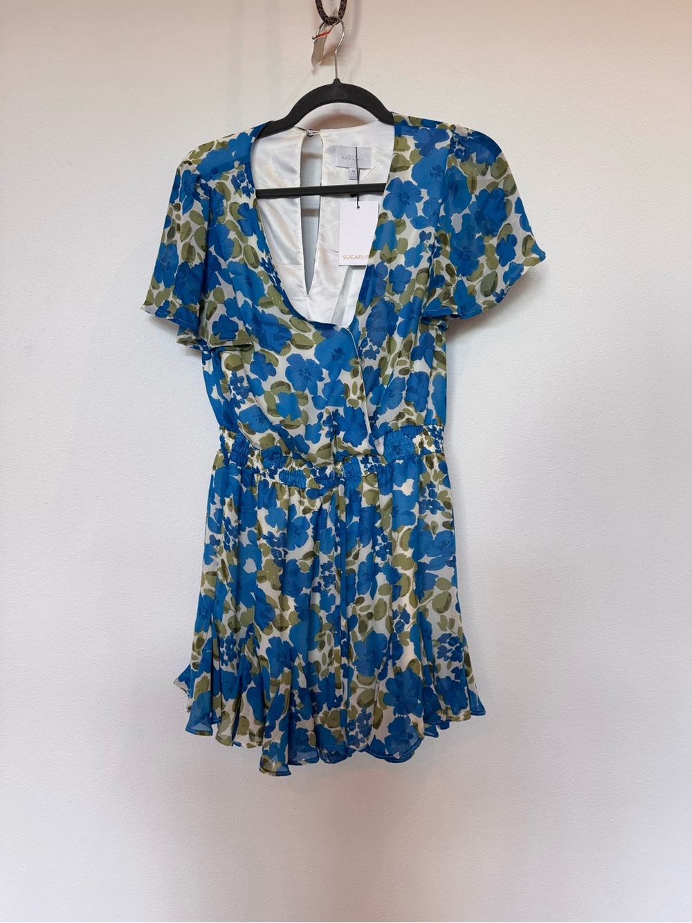 Sugar Lips Blue and Olive Floral V-Neck Short Romper